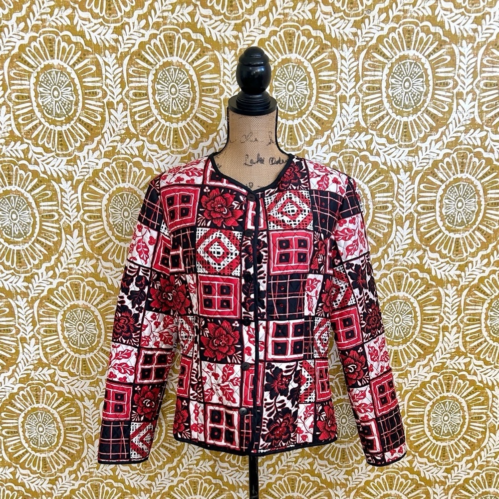 SILKSLAND Vintage Patchwork Floral/Geo Print Long Sleeve Quilted Jacket Sz L